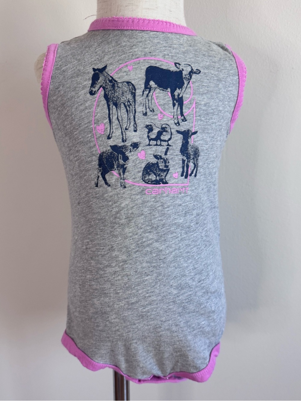 Carhartt Kids Gray Onesie with Pink Trim and Navy Animal Print